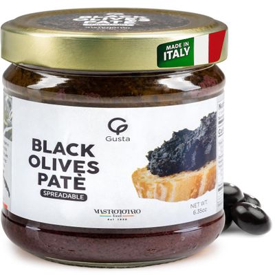 Gusta Black Olives Spreadable Pate - Made in Italy Dip or Spread - Perfect Olive Tapenade Spread - Paste of Black Olives in Jar with Extra Virgin Olive Oil - Non-GMO, All Natural - 6.35oz Glass Jar
