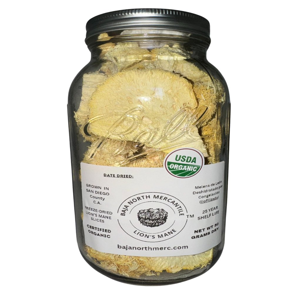 50 gram Huge JAR of Freeze-Dried Lion's Mane Mushroom Slices | 1.5lbs Rehydrated. USDA Organic Grown in USA | Great for Powder, Tea or Supplement. No fillers. No Additives | Fresh Fruiting Bodies only