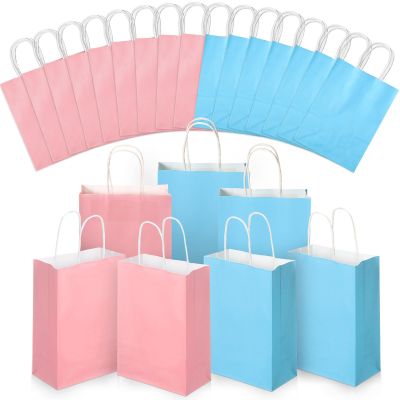 Skyygemm 32 Pcs Paper Gift Bags Bulk with Handle, Assorted Colors Kraft Party Favor Goodie Gift Wrap Bags for Birthday Party Decor, 8.6 * 4.3 * 10.6 Inch(Pink, Blue)