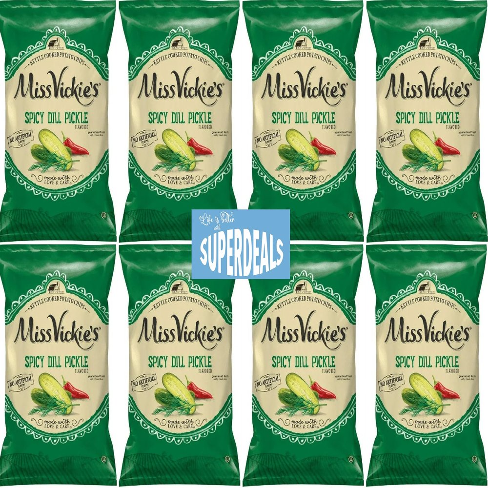 Kettle Cooked Potato Chips by Miss Vickie's Value Pack Bundled by SUPERDEALS | 1.375 Oz Bag | Spicy Dill Pickle | Pack of 8 with mystery bonus gift