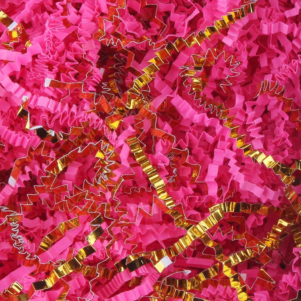 LDKGHE 4 oz Crinkle Cut Paper Shred Filler for Gift Wrapping Baskets Filling Box Birthdays Christmas Thanksgiving Easter Weddings Valentines Mother's Day Anniversaries (Hot pink and Gold)