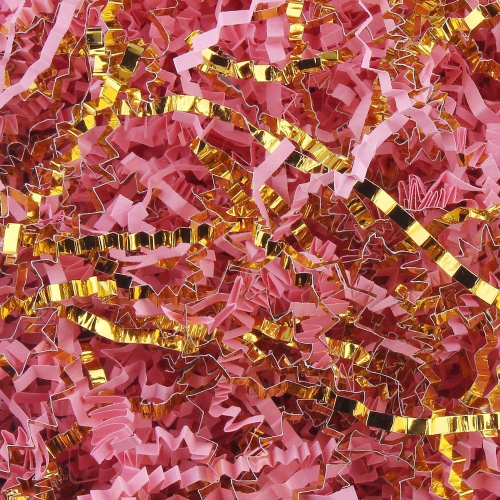 LDKGHE 4 oz Crinkle Cut Paper Shred Filler for Gift Wrapping Baskets Filling Box Birthdays Christmas Thanksgiving Easter Weddings Valentines Mother's Day Anniversaries (Pink and Gold)