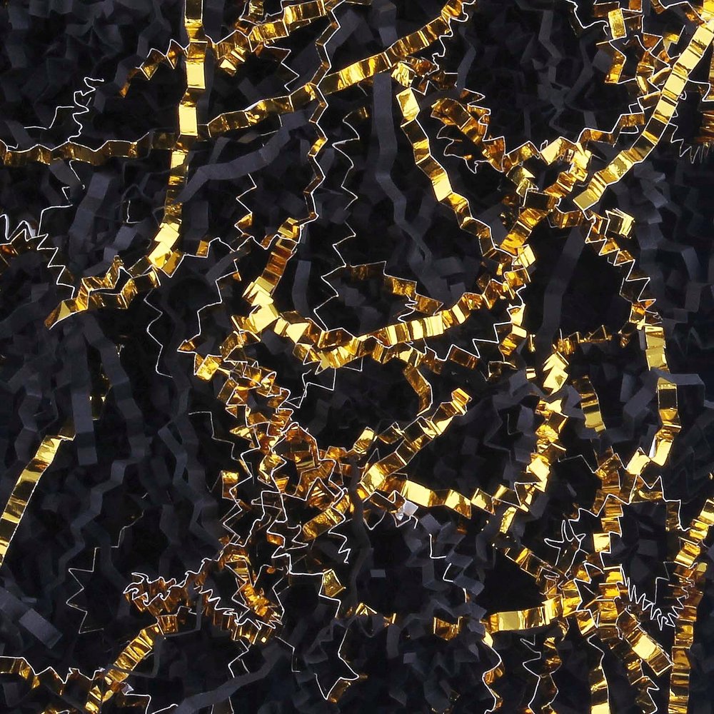 LDKGHE 4 oz Crinkle Cut Paper Shred Filler for Gift Wrapping Baskets Filling Box Birthdays Christmas Thanksgiving Easter Weddings Valentines Mother's Day Anniversaries (Black and Gold)