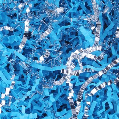 4 oz Crinkle Cut Paper Shred Filler for Gift Wrapping Baskets Filling Box Birthdays Christmas Thanksgiving Easter Weddings Valentines Mother's Day Anniversaries (Lake blue and Silver)