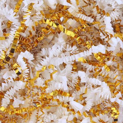 LDKGHE 4 oz Crinkle Cut Paper Shred Filler for Gift Wrapping Baskets Filling Box Birthdays Christmas Thanksgiving Easter Weddings Valentines Mother's Day Anniversaries (White and Gold)