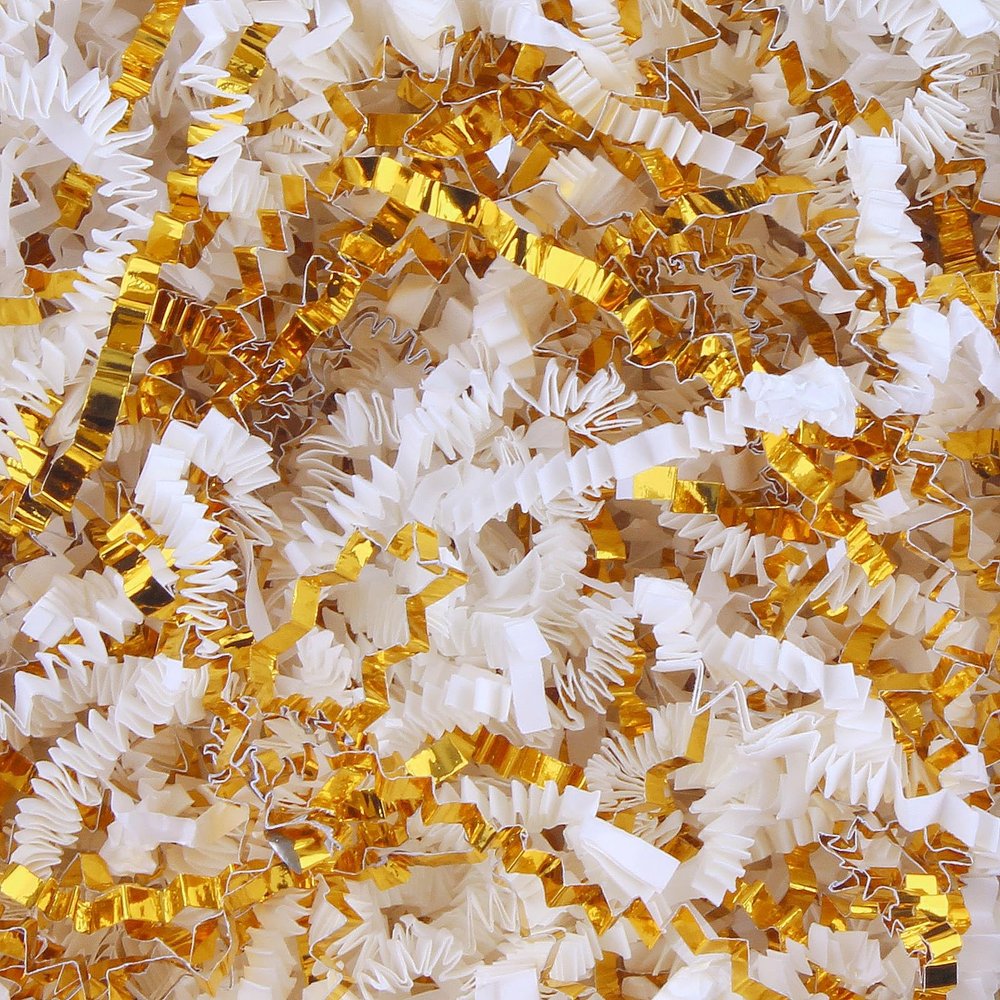 LDKGHE 4 oz Crinkle Cut Paper Shred Filler for Gift Wrapping Baskets Filling Box Birthdays Christmas Thanksgiving Easter Weddings Valentines Mother's Day Anniversaries (White and Gold)