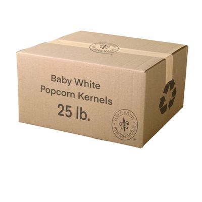 Baby White Gourmet Popcorn Kernels - Dell Cove Spices - Tender White Hulless Popcorn for Movie Nights - Excellent for Stovetop and Air Poppers, Twenty-Five Pounds