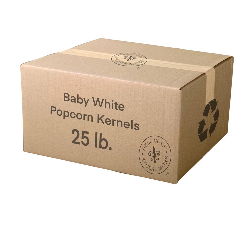 Baby White Gourmet Popcorn Kernels - Dell Cove Spices - Tender White Hulless Popcorn for Movie Nights - Excellent for Stovetop and Air Poppers, Twenty-Five Pounds