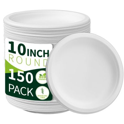 10 Inch Compostable Paper PlatesWhite 150 Pack, 100% Sugarcane Bagasse Large Disposable Plates, Sturdy Heavy Duty, Biodegradable Dinnerware for Party, BBQ, Picnic, Catering