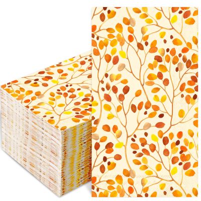 100Pcs Fall Leaves Guest Napkins Watercolor Branches Leaves Paper Napkins Autumn Orange Decorative Bathroom Napkin Disposable Hand Towel Napkin for Thanksgiving Harvest Home Party Supplies