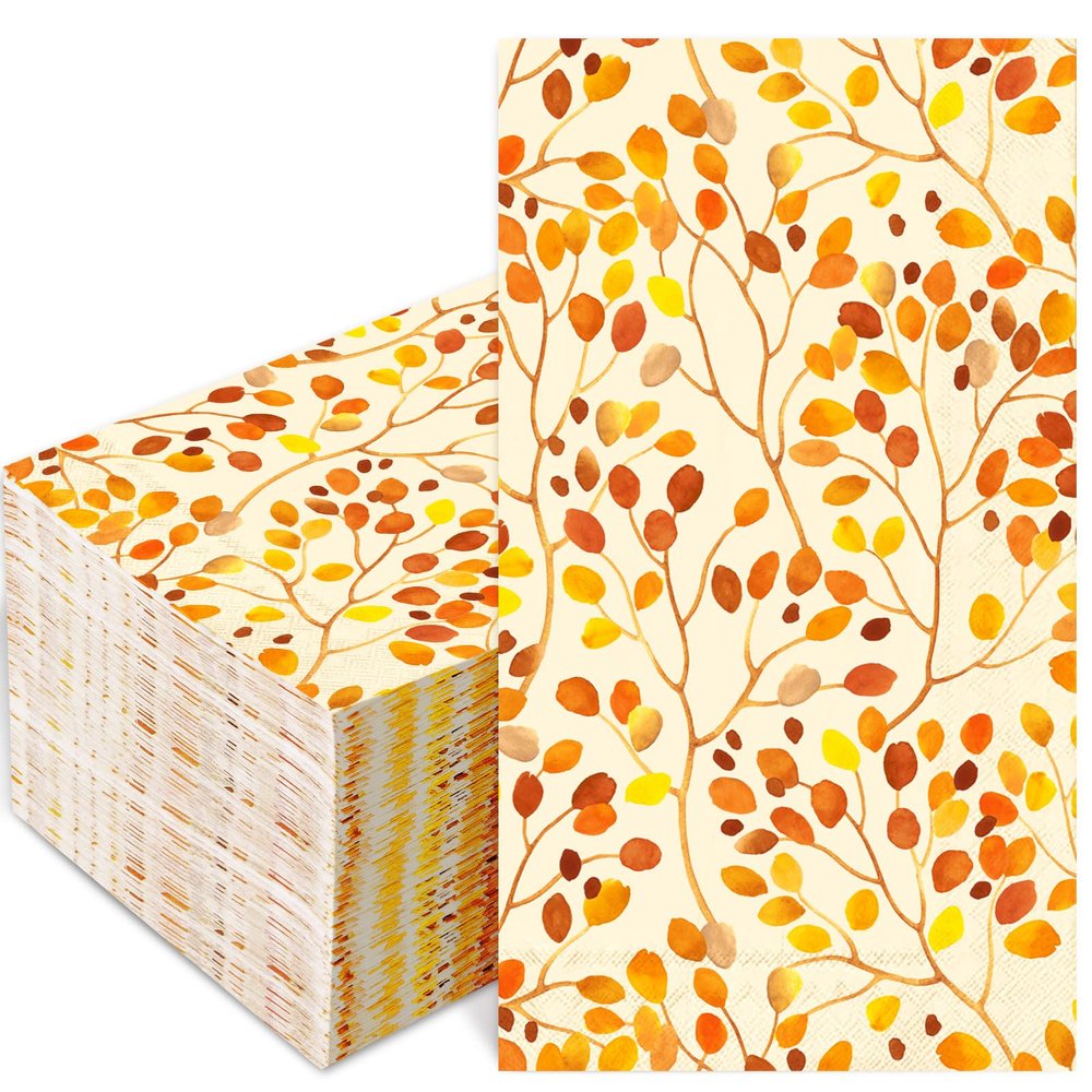 100Pcs Fall Leaves Guest Napkins Watercolor Branches Leaves Paper Napkins Autumn Orange Decorative Bathroom Napkin Disposable Hand Towel Napkin for Thanksgiving Harvest Home Party Supplies
