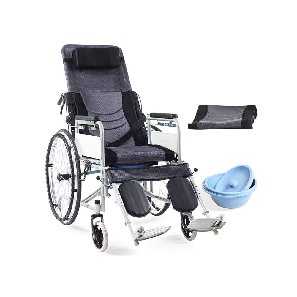 Reclining Wheelchair W/Commode for Adults Folding Bathroom Shower Chair Lightweight Manual Wheelchair Transport Chair Mobility Aid for Elderly Driving Trolley (Color : Grey)