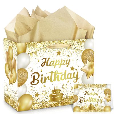 Wayyogh Gold Birthday Gift Bag White Gold Happy Birthday Wrapping Gift Bag with Card and Tissue Paper for Women Men Anniversary Birthday Party Wrap Bags Favors Kids Adults Goodie Bag Supplies