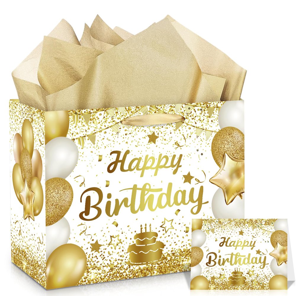 Wayyogh Gold Birthday Gift Bag White Gold Happy Birthday Wrapping Gift Bag with Card and Tissue Paper for Women Men Anniversary Birthday Party Wrap Bags Favors Kids Adults Goodie Bag Supplies