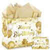 Wayyogh Gold Birthday Gift Bag White Gold Happy Birthday Wrapping Gift Bag with Card and Tissue Paper for Women Men Anniversary Birthday Party Wrap Bags Favors Kids Adults Goodie Bag Supplies view 1