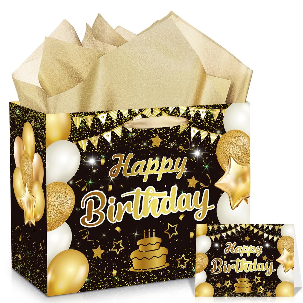 Black Gold Birthday Gift Bag Happy Birthday Wrapping Paper Bag with Greeting Card and Gold Tissue Paper for Men Women Anniversary Party Favors Kids Adults Christmas Goodie Gift Wrap Bag Supplies