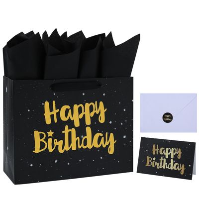 13" Large Black Gift Bag Set with Greeting Card and Tissue Papers (Stars and Gold Foil Happy Birthday) for Men's or Women's Party, Boys', Girls' or Kids' Birthday Parties, Baby Boy or Girl, Baby Shower - 13x5.2x10.2, 1 Pcs.