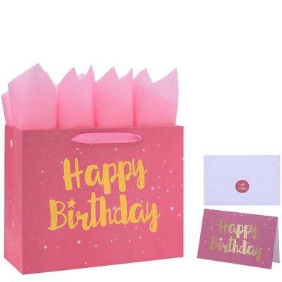 13" Large Pink Gift Bag Set with Greeting Card and Tissue Papers (Stars and Gold Foil Happy Birthday) for Women's Party, Girls' or Kids' Birthday Parties, Baby Girl, Baby Shower - 13x5.2x10.2, 1 Pcs.
