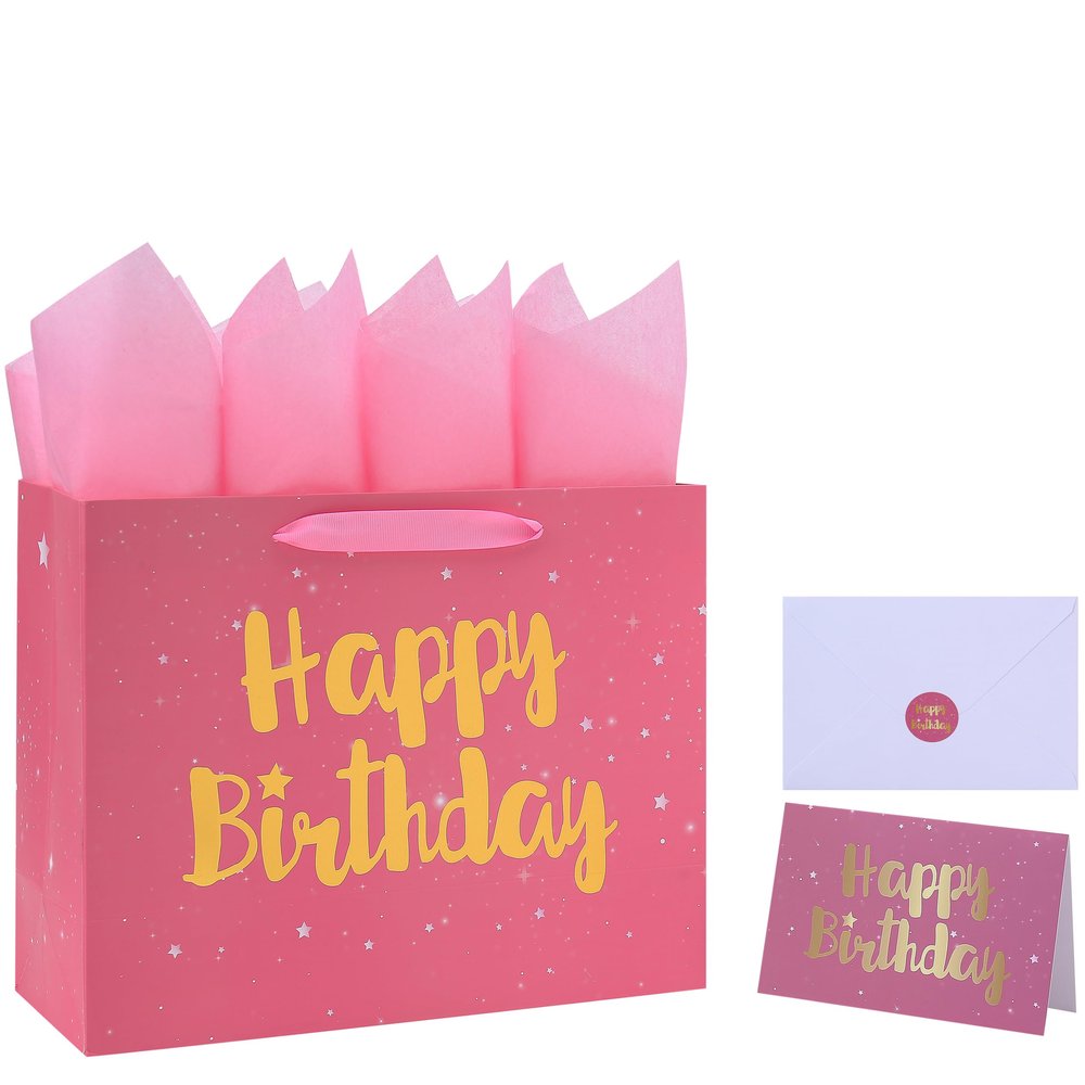 13" Large Pink Gift Bag Set with Greeting Card and Tissue Papers (Stars and Gold Foil Happy Birthday) for Women's Party, Girls' or Kids' Birthday Parties, Baby Girl, Baby Shower - 13x5.2x10.2, 1 Pcs.
