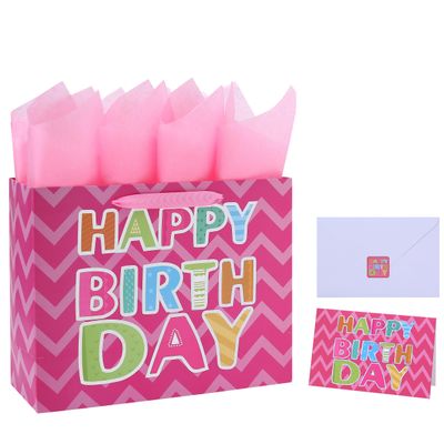13" Large Pink Gift Bag Set with Greeting Card and White Tissue Papers (Laser Foil 'Happy Birthday') for Women's Birthday Party, Girls' or Kids' Parties, Baby Shower, Baby Girl - 13x5.2x10.2, 1 Pcs.