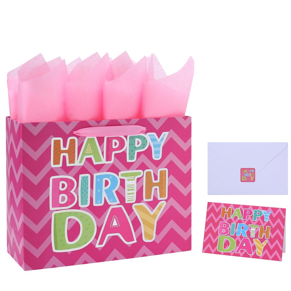 13" Large Pink Gift Bag Set with Greeting Card and White Tissue Papers (Laser Foil 'Happy Birthday') for Women's Birthday Party, Girls' or Kids' Parties, Baby Shower, Baby Girl - 13x5.2x10.2, 1 Pcs.