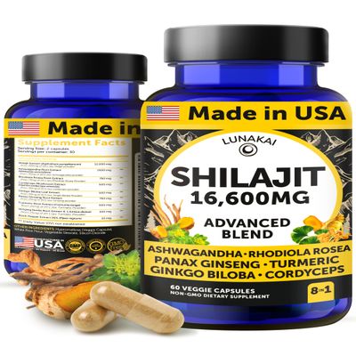 Lunakai USA Made Pure Shilajit Capsules with Ashwagandha, Rhodiola & Cordyceps - Extra Strength Shilajit Extract for Men & Women, 60ct