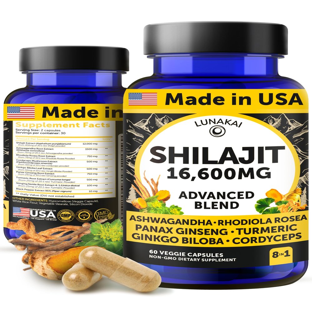Lunakai USA Made Pure Shilajit Capsules with Ashwagandha, Rhodiola & Cordyceps - Extra Strength Shilajit Extract for Men & Women, 60ct