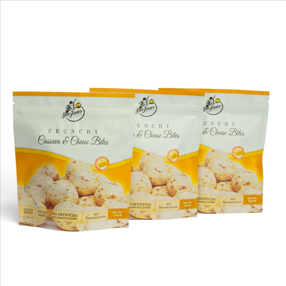 Crunchy CASSAVA & CHEESE BITES by San Javier Tradition ** PACK OF 3** 100 G . bag +++Oven Baked * Gluten-Free * 100% Natural Ingredients * NO Preservatives * NO Artifical Colors or Flavors * Guilt-free snack. * Family Recipes * Cheese Lovers * Vegeta