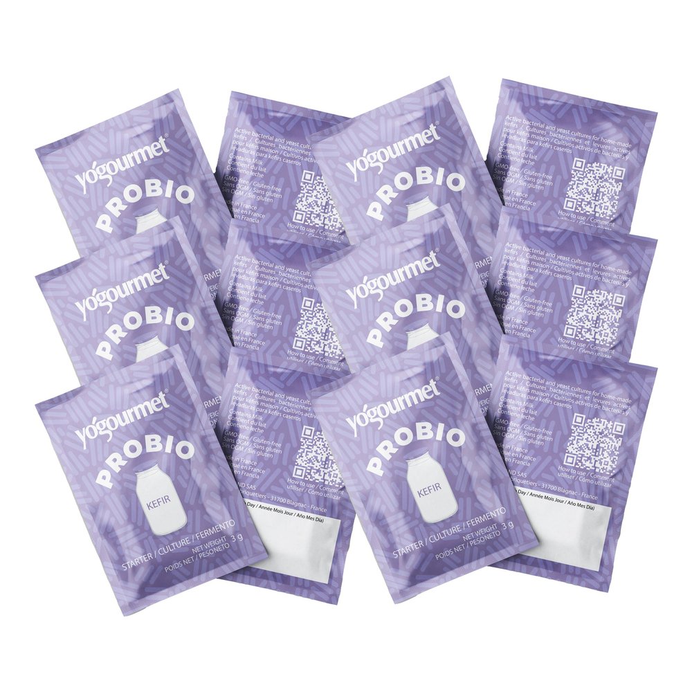 Yogourmet Kefir Starter with Probiotics (12 Sachets = 12 Quarts of Kefir) - Make Kefir at Home - Starter Culture - All Natural, Gluten Free, Kosher, Halal - 3 g Sachets