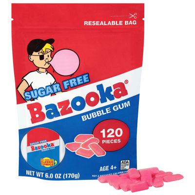 Bazooka New Sugar-Free Bulk Bubble Gum Pellets, Resealable Candy Bag for Sharing, Parties, Vintage Themes & More - Original Flavor, 120 Count Bag