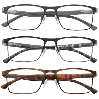 acavefox 3 Pack Reading Glasses Men Readers Blue Light Blocking Anti-UV Metal Front Frame And Spring Hinge With Accurate Magnification Eyeglasses 1.0+