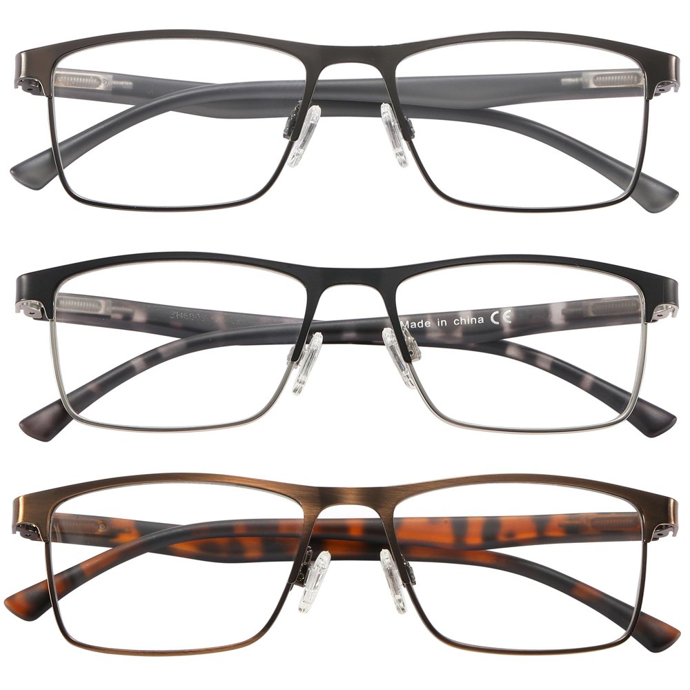 acavefox 3 Pack Reading Glasses Men Readers Blue Light Blocking Anti-UV Metal Front Frame And Spring Hinge With Accurate Magnification Eyeglasses 1.0+