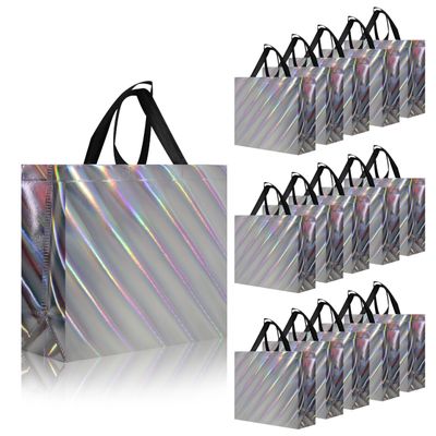cabzymx 16 Pcs Unique Dazzling Silver Reusable Gift Bags with Handles & Bases, Shiny Non-woven Holiday Goodie Bags Bulk for Birthday, Wedding, Party- 12.6x4.7x11 In