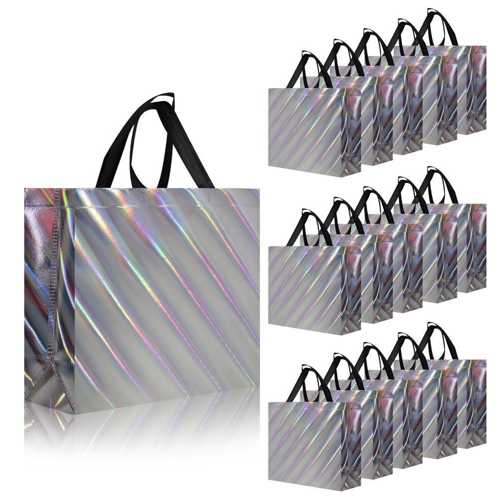 cabzymx 16 Pcs Unique Dazzling Silver Reusable Gift Bags with Handles & Bases, Shiny Non-woven Holiday Goodie Bags Bulk for Birthday, Wedding, Party- 12.6x4.7x11 In