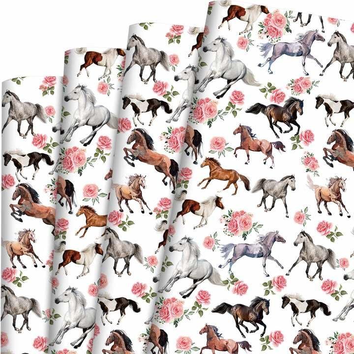 12 Sheets Horse Floral Wrapping Paper Run for The Roses Themed Gift Wrap Paper for Kentucky Horse Party Horse Racing Derby Birthday Party DIY Craft, 19.7  27.6 Inch