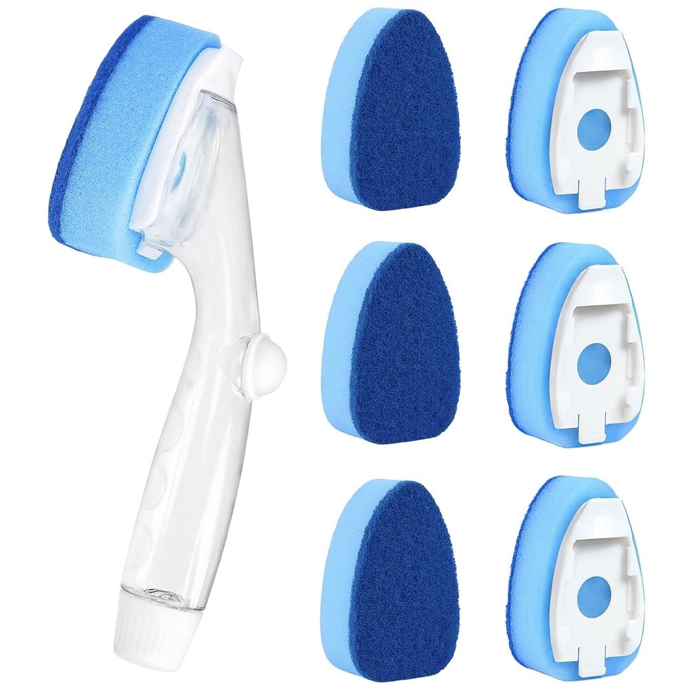 Clioran Dishwand Refills Soap Control Handle,6 Heavy Duty Dish Wand Sponge Heads,Non Scratch Scrubbers Replacement Refill Brush Dispenser,Dishwashing Scrub for Sink Non-Stick Kits Dishwasher Cleaning