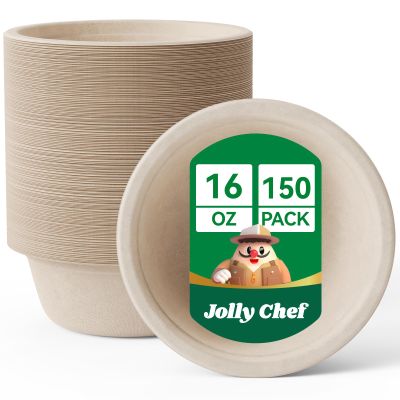JOLLY CHEF Compostable Disposable Paper Bowls [16 oz] Heavy Duty Soup Uncoated Containers [150 Pack] Biodegradable Bagasse Hot Cold Eco-Friendly Natural Sugarcane Microwavable for Dessert Christmas