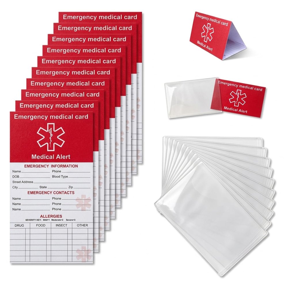 HoHpHq 10 Pack Red Medication List Card with 10 Sleeves for Family Members Like Elderly - Emergency Contact ID Card for Wallet, Phone, Pocket, Handbags - Medical Systems for Retirement Community