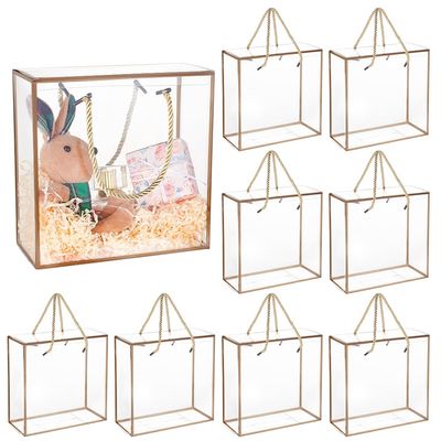 BENECREAT 10 Packs Clear PET Plastic Gift Box, 7.8x7.8x3.5 Inch Treat Gift Boxes with Gold Border and Handle, Favor Box with Cord for Mother's Day, Birthday Party, Wedding Favours