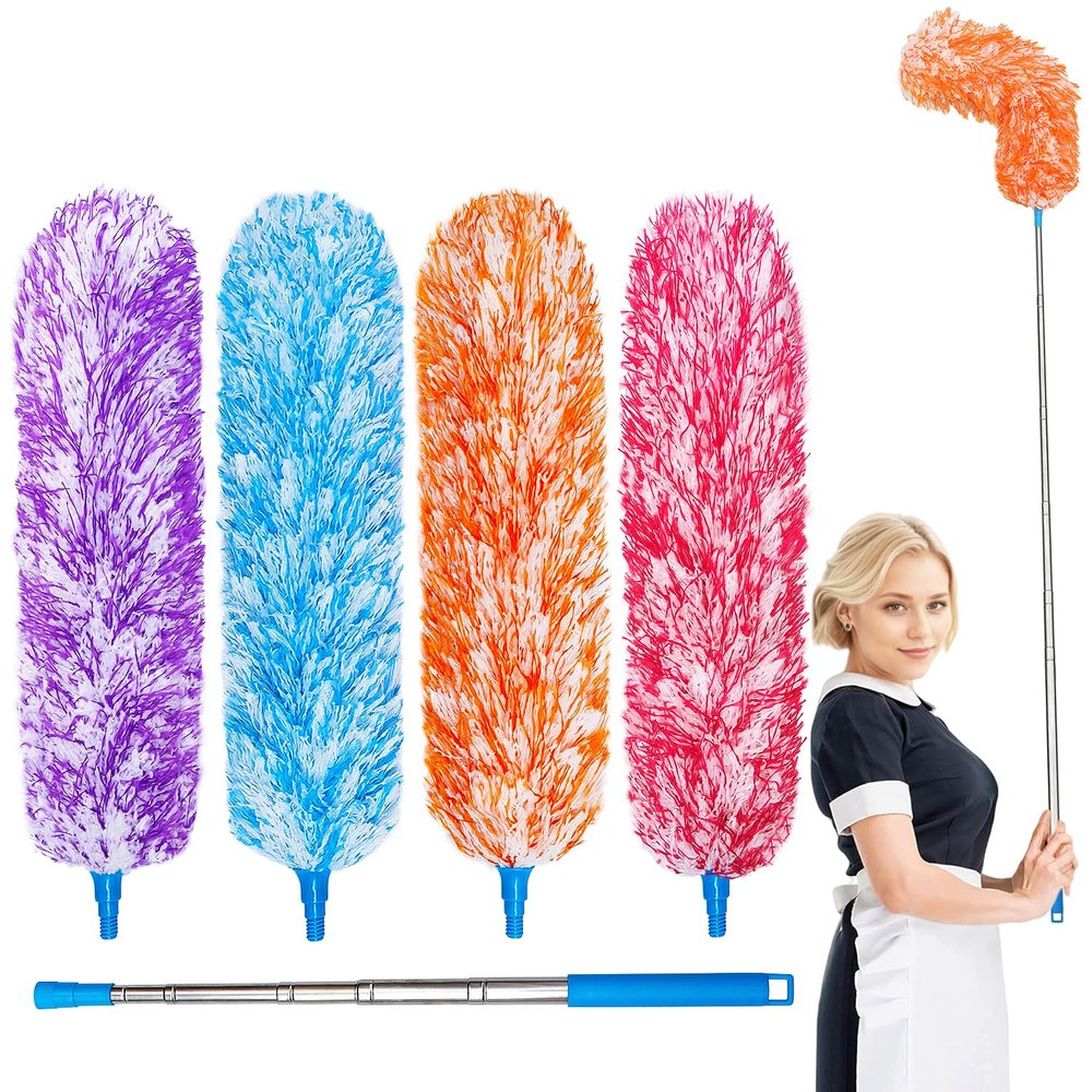 4 Pack Microfiber Feather Dusters, Up to 55 Inch Extension Pole, Cobweb Cleaner, Electrostatic Bendable Head,Telescoping Feather Dusters for Wall, Ceiling Fan, Celling, Car, Furniture