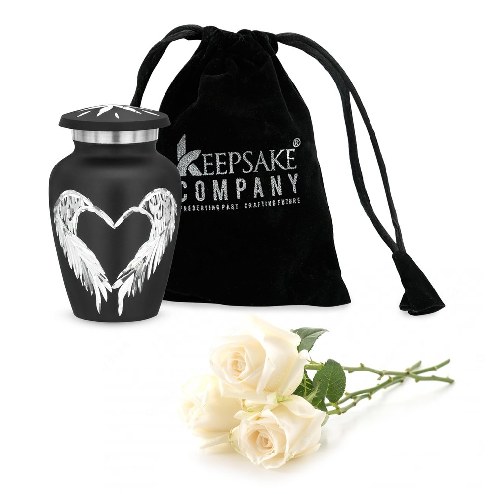 Black Small Urns for Human Ashes - Angel Wings & Heart Mini/Medium/Little Cremation Keepsakes for Ashes - Ash Holders  Urn -ERN - Tiny Urns for Men - Miniature Urn - (Single) from Keepsake Co.
