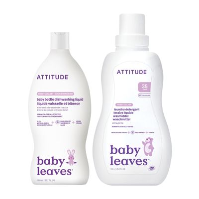 Bundle of ATTITUDE Baby Bottle and Dishwashing Liquid, EWG Verified, Vegan, Sweet Lullaby, 23.7 Fl Oz + Baby Laundry Detergent, EWG Verified, HE Compatible, Sweet Lullaby, 35 Loads, 1.05 Liters