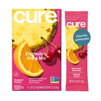 Cure Hydration Plant-Based Electrolyte Drink Mix | No Added Sugar | Dehydration Relief | Coconut Water Powder | FSA-HSA Eligible | Non-GMO, Vegan | 8 Packets Tropical Punch