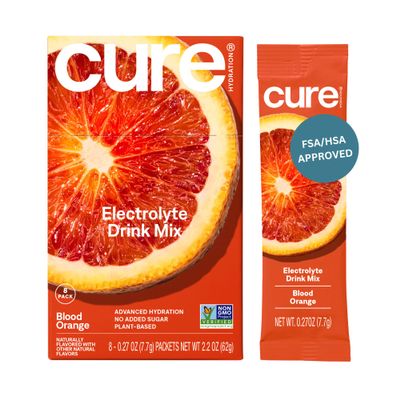 Cure Hydration | Plant-Based Electrolyte Drink Mix | No Added Sugar | FSA-HSA | Dehydration Relief Powder Made with Coconut Water | Non-GMO | Vegan | Box of 8 Packets - Blood Orange