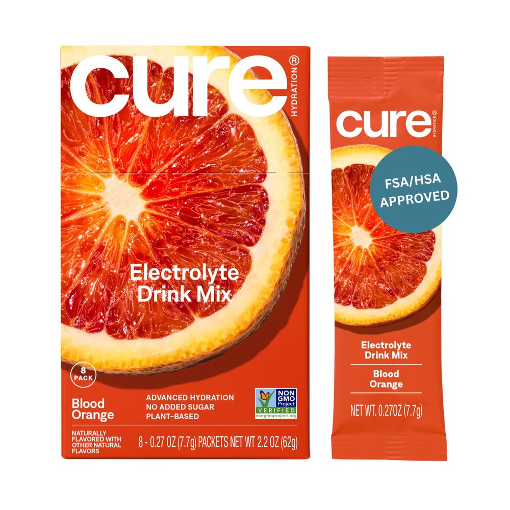 Cure Hydration | Plant-Based Electrolyte Drink Mix | No Added Sugar | FSA-HSA | Dehydration Relief Powder Made with Coconut Water | Non-GMO | Vegan | Box of 8 Packets - Blood Orange