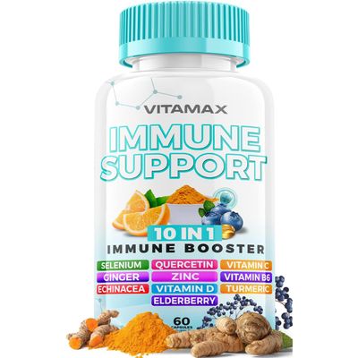 10-in-1 Immune System Support Booster with Elderberry, D3, Selenium, Quercetin, Zinc, Vitamin C, Ginger, Turmeric Curcumin, B6, Echinacea  Natural Immune Defense  Made in USA (60 Count (Pack of 1))