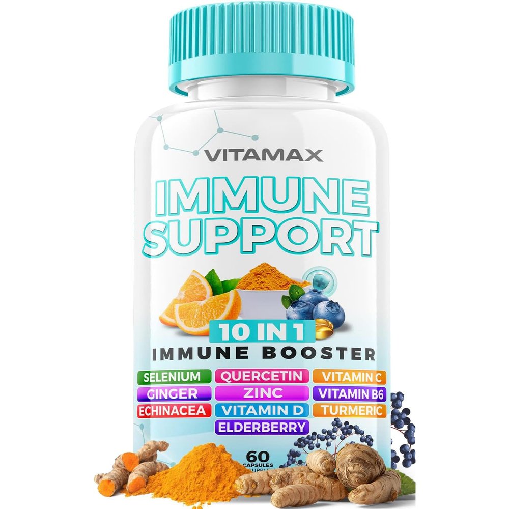 10-in-1 Immune System Support Booster with Elderberry, D3, Selenium, Quercetin, Zinc, Vitamin C, Ginger, Turmeric Curcumin, B6, Echinacea Natural Immune Defense Made in USA (60 Count (Pack of 1))