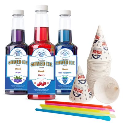 Snow Cone Kit - 1ct 16oz of each Flavor (Cherry, Grape and Blue Raspberry)- 30 Neon Straws and Snow Cone Cups Included