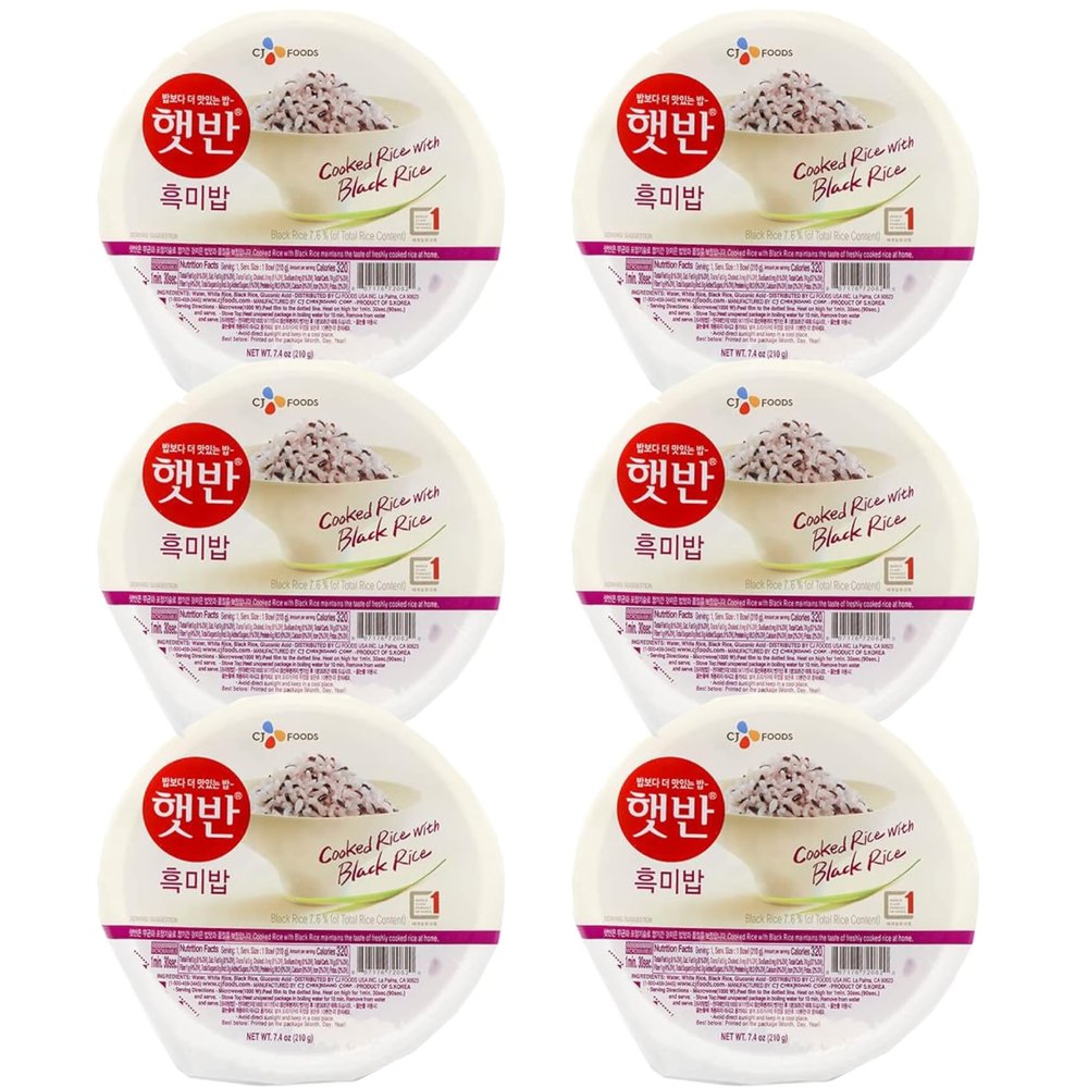 CJ Korean Cooked Rice with Black Rice, microwaveable instant fresh rice - Pack of 6 (210g each)