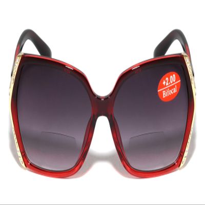 V.W.E. Women Bifocal Oversized Reading Sunglasses with Rhinestones - UV400 Outdoor Reader Glasses (Red, 2.00, x)